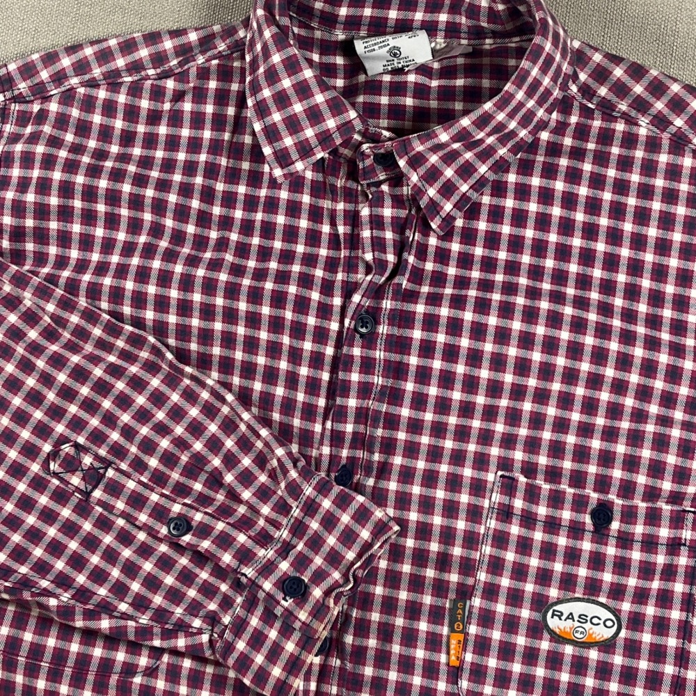 Rasco FR Men Plaid Flame Resistant Work Shirt 3XL Long Burgundy Navy CAT 2 NFPA - Picture 1 of 12